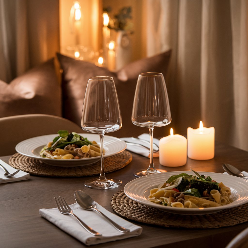 A romantic dinner setup with two plates of food, wine glasses, and candles.