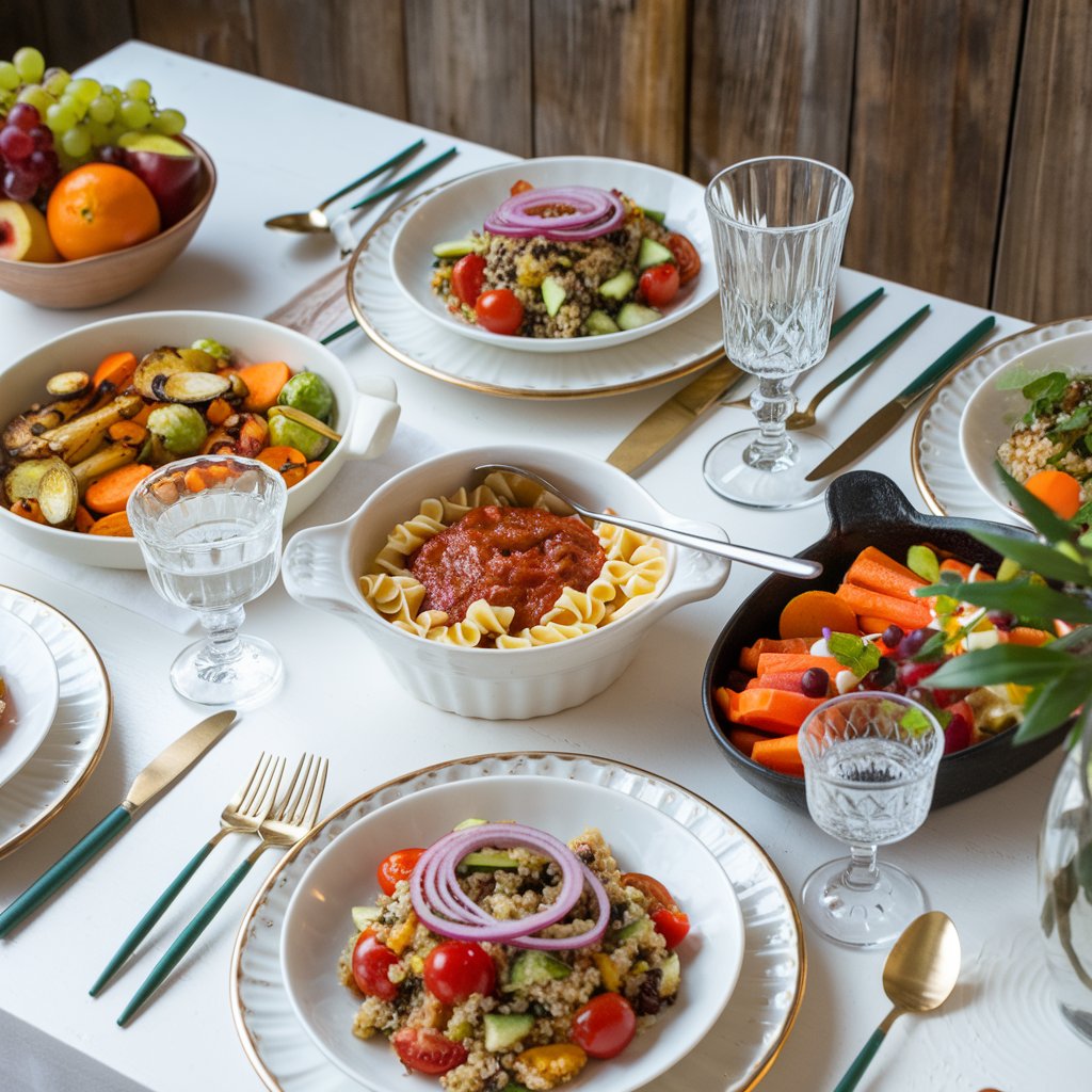 colorful vegan dinner table spread with various plant-based dishes