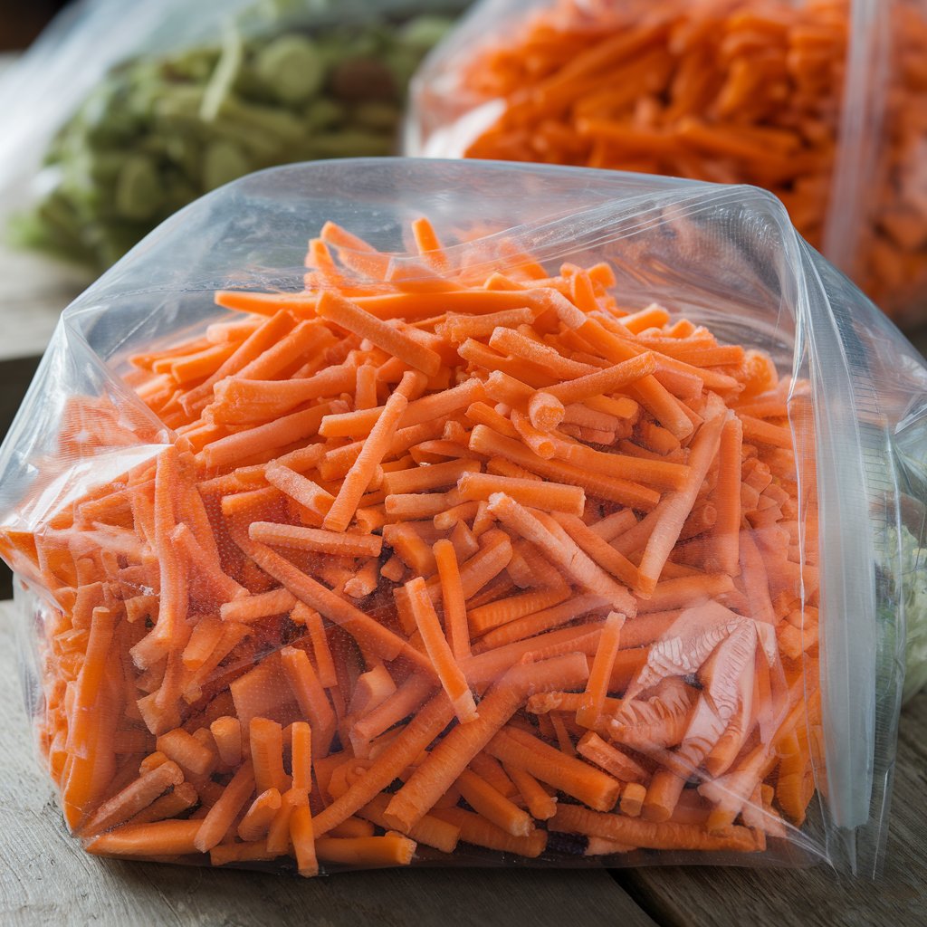 A bowl of frozen carrots with a kitchen background